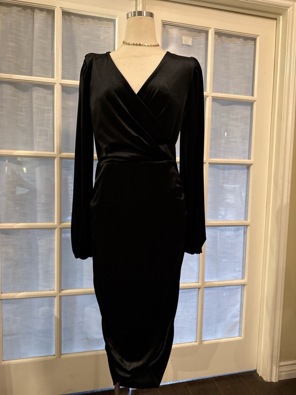 INC International Concepts Black Long-Sleeve Wrap Midi Dress